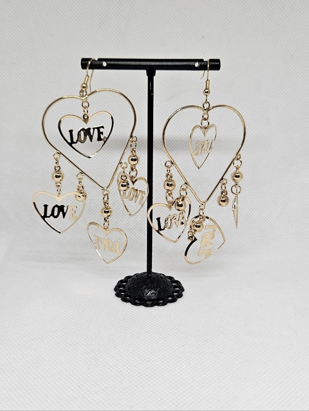 Gold Tone LOVE Heart Dangle Earrings Multi Charm Statement